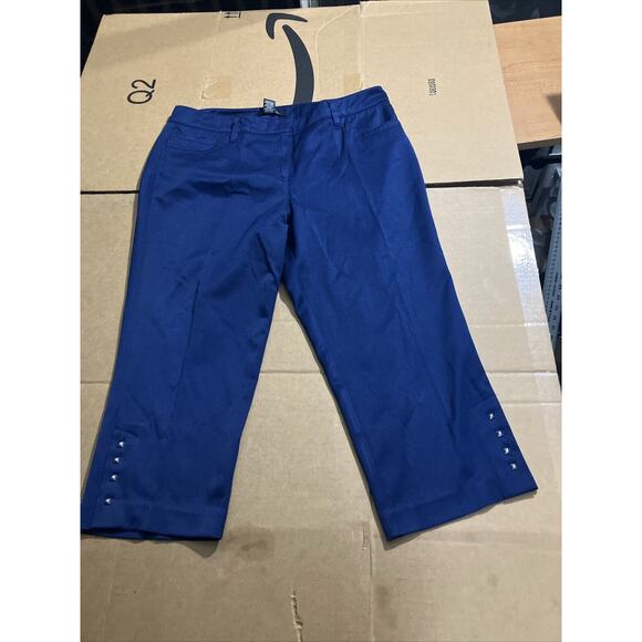Zac & Rachel Navy Blue Capri Pants Women's 12, Studded Mid Rise Stretch Trousers - Picture 1 of 9